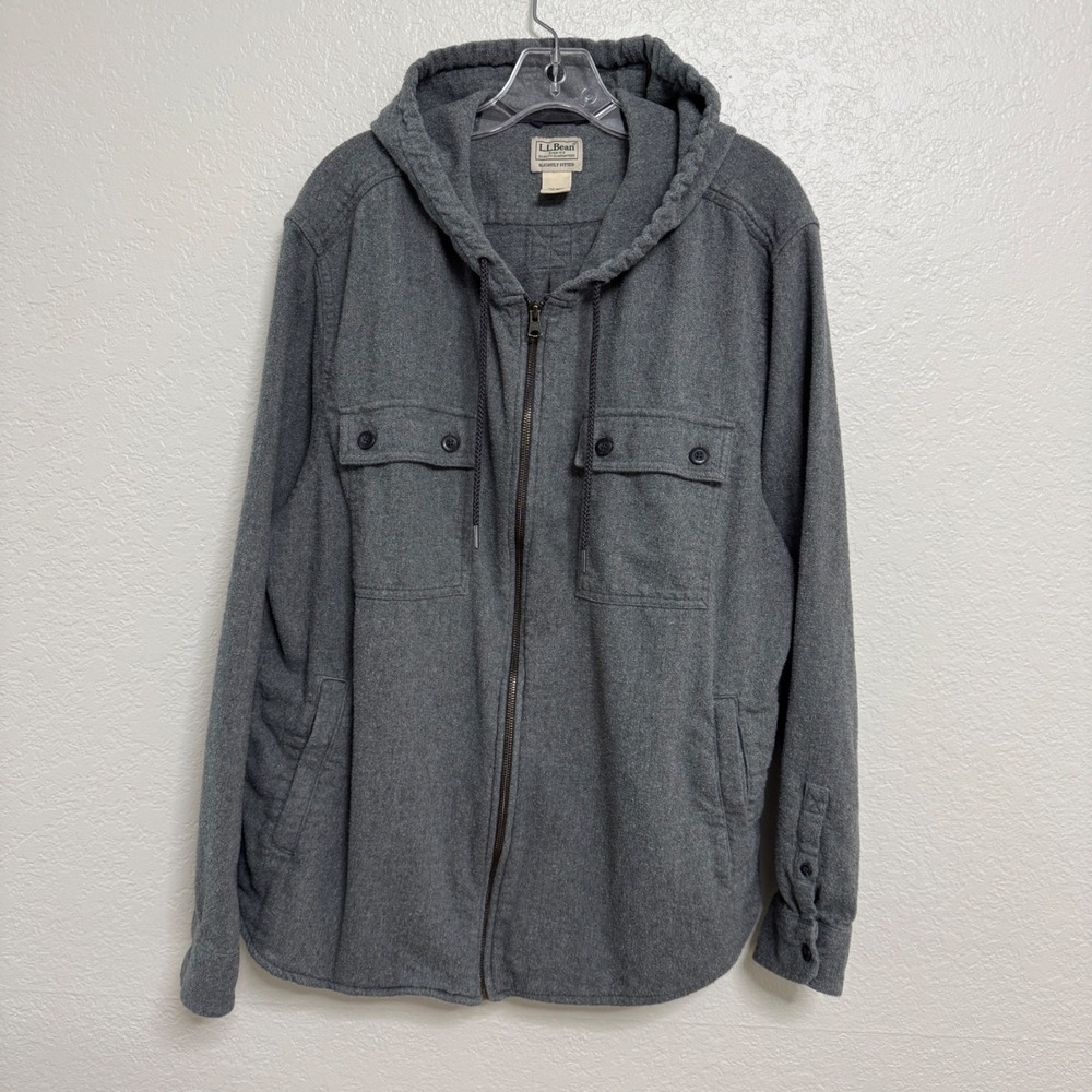 LL Bean Field Flannel Shirt Mens XL Gray Hooded Full Zip 1912 Slightly Fitted